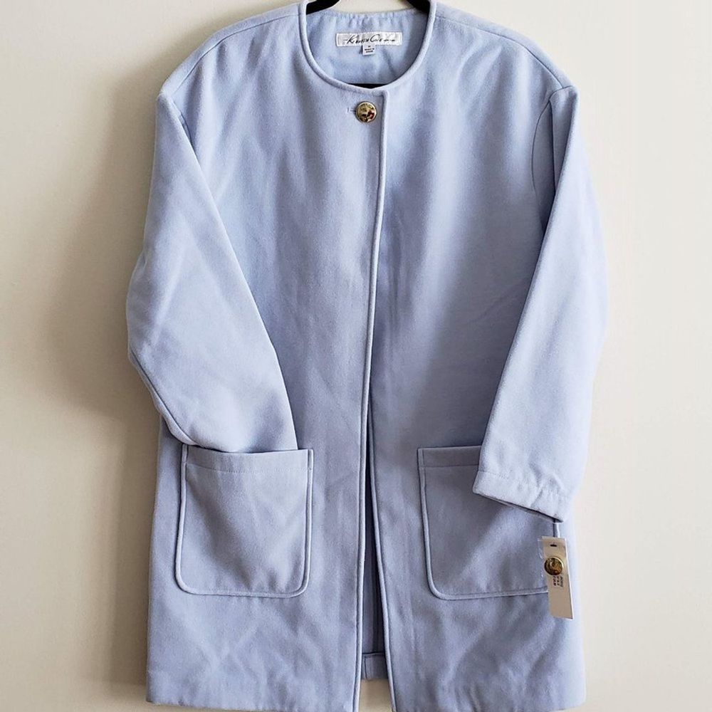 Kenneth Cole Long Wrap Coat Collarless Jacket Spring Light Sky Powder Blue